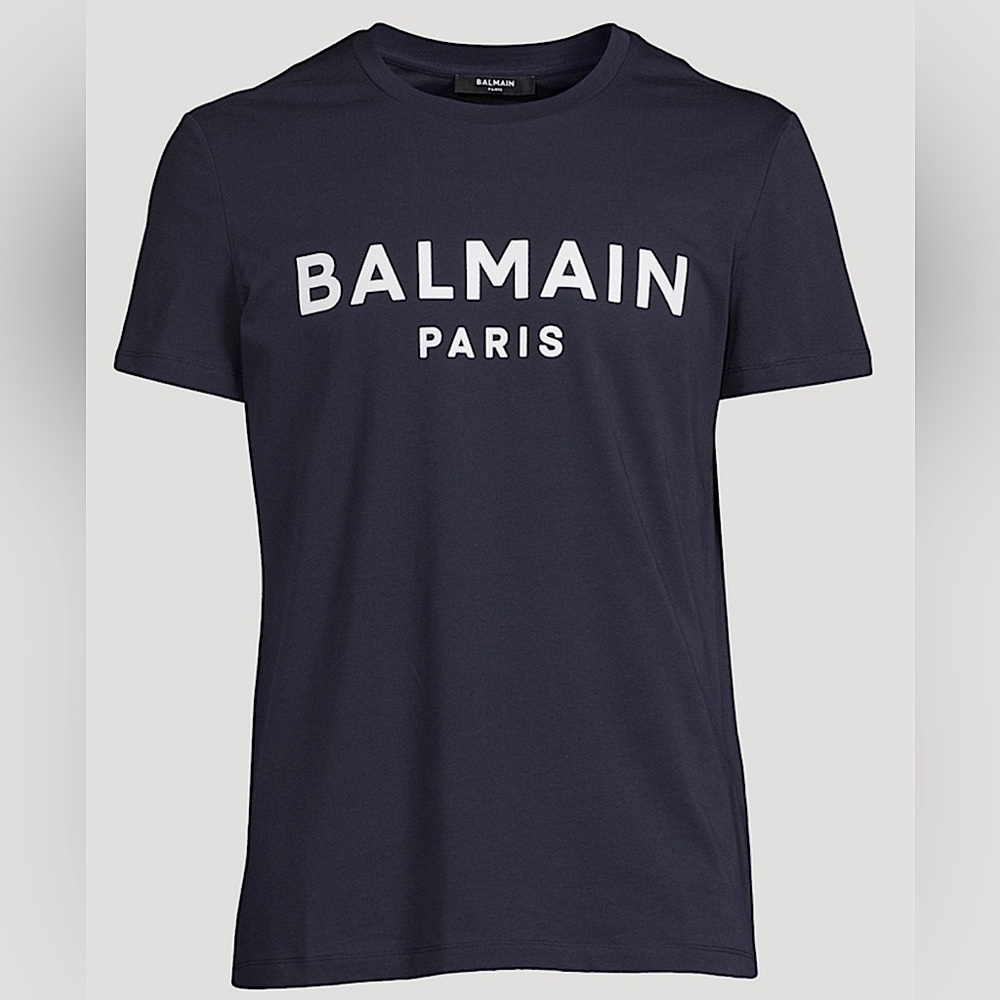 BALMAIN Logo T-Shirt in White and Navy Blue NWT